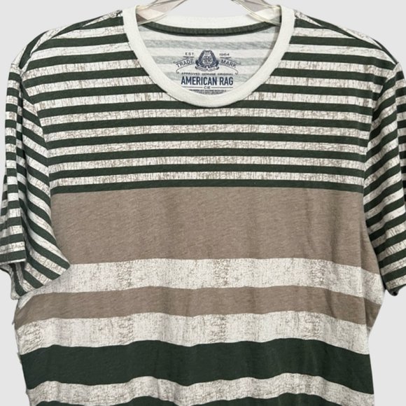 American Rag Men's Crew Neckline T-Shirt Green/Tan Stripe Design - Size Medium - Picture 2 of 4